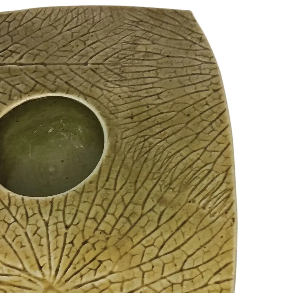 Lebeth Lammers Studio Pottery Ikebana Vase Green & Brown & Leaf Imprints 10